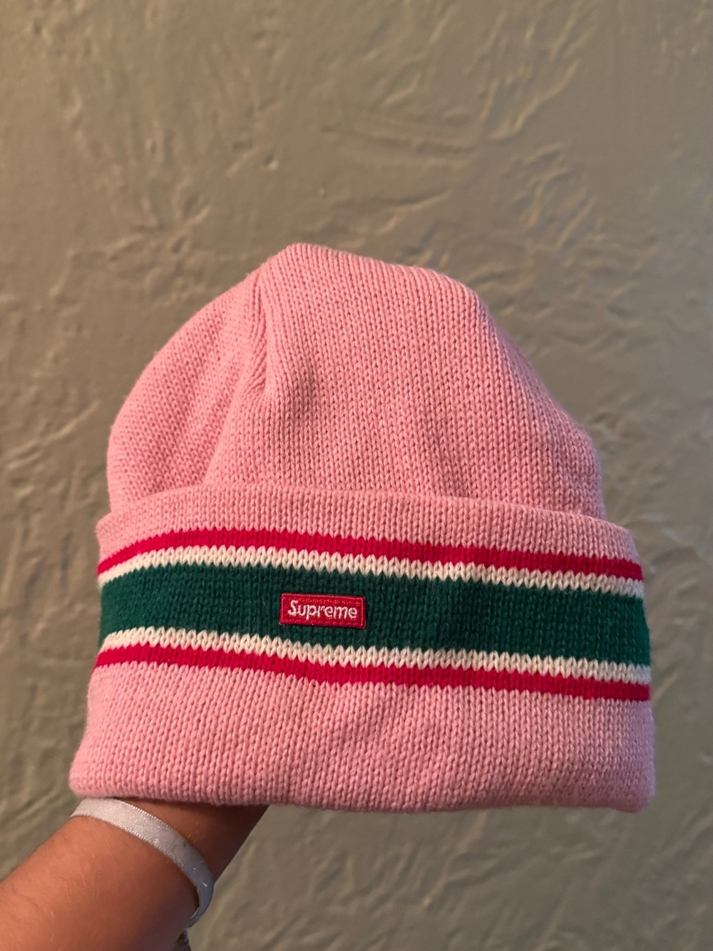 Supreme Pink Beanie with Green and Red Stripe - Kids